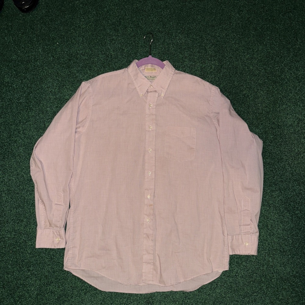 L.L.Bean Button Down Shirt Mens 17 35 Pink Check Made In USA Dress AA7